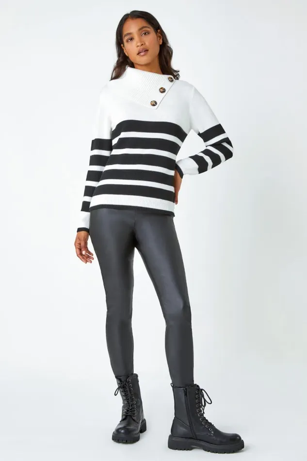Black Split Neck Striped Button Jumper Women Roman Knitwear