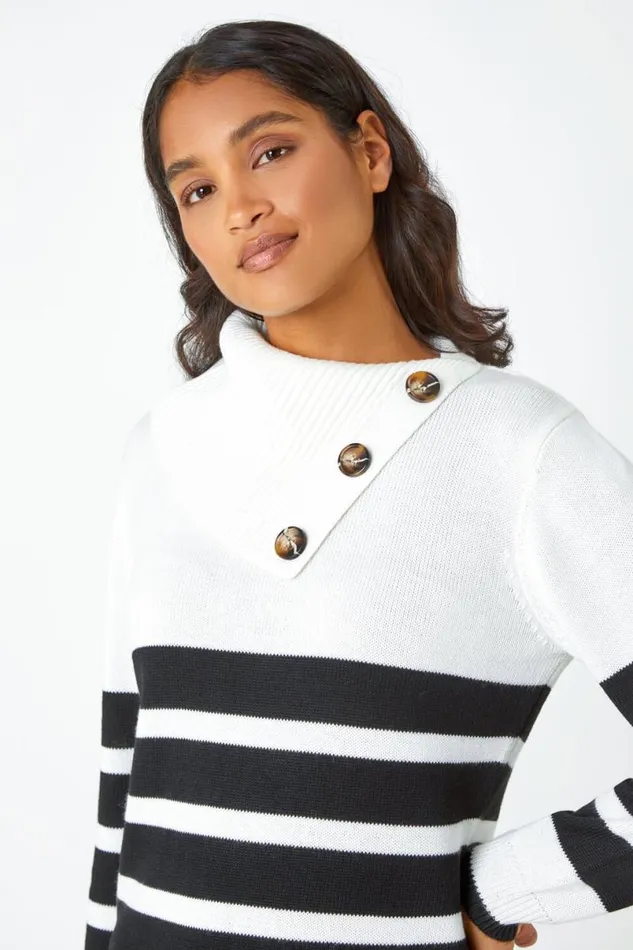 Black Split Neck Striped Button Jumper Women Roman Knitwear