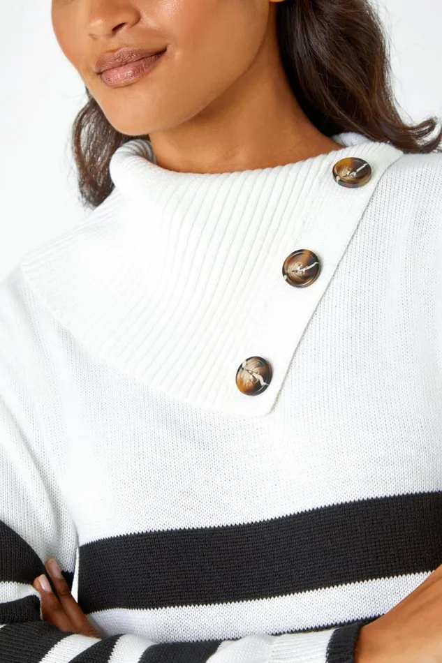 Black Split Neck Striped Button Jumper Women Roman Knitwear
