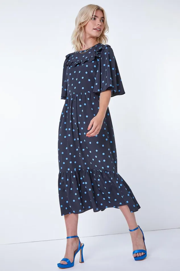 Black Spot Print Angel Sleeve Maxi Dress Women Roman Dresses