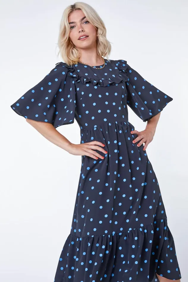 Black Spot Print Angel Sleeve Maxi Dress Women Roman Dresses