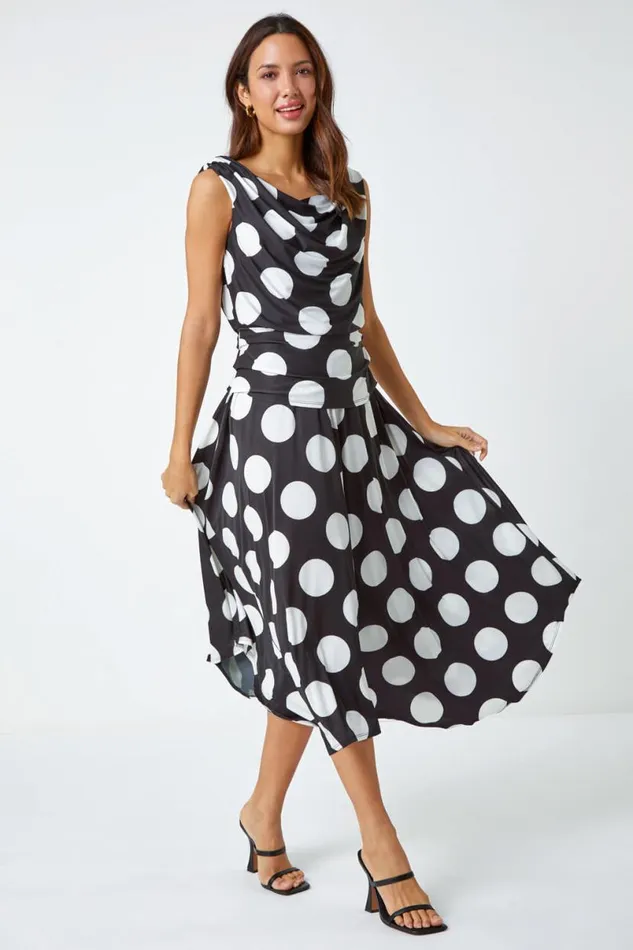 Black Spot Print Cowl Neck Ruched Midi Dress Women Roman Dresses