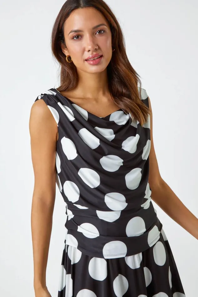 Black Spot Print Cowl Neck Ruched Midi Dress Women Roman Dresses