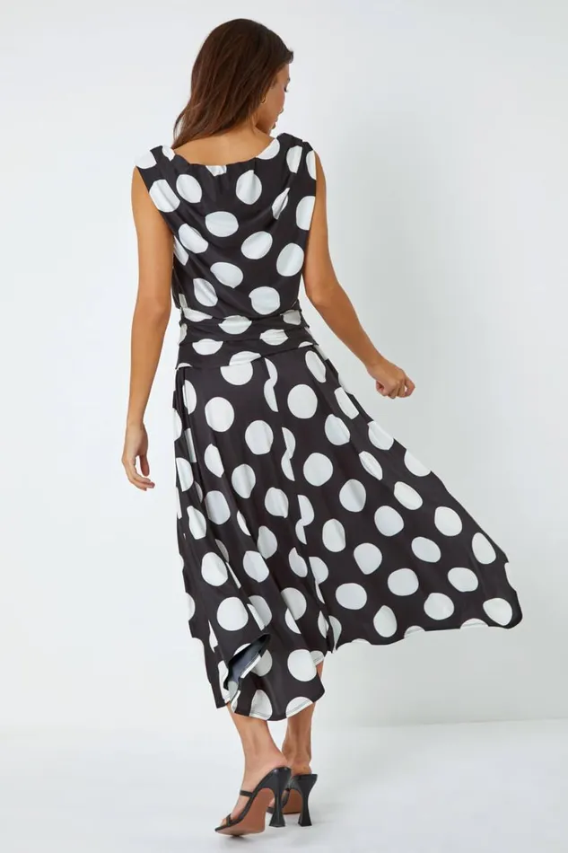 Black Spot Print Cowl Neck Ruched Midi Dress Women Roman Dresses