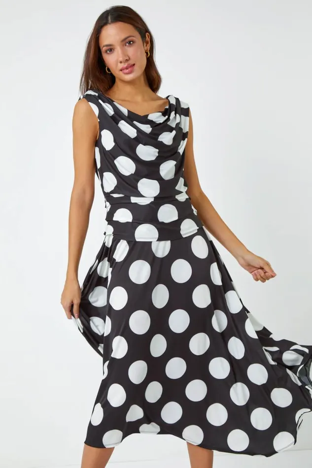 Black Spot Print Cowl Neck Ruched Midi Dress Women Roman Dresses