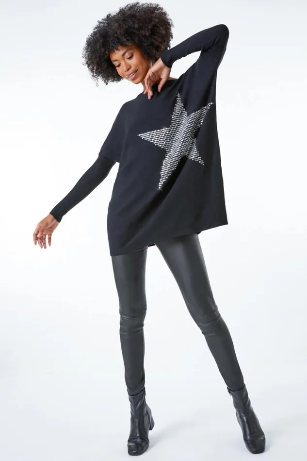 Black Star Embellished Sparkle Jumper Women Roman Knitwear