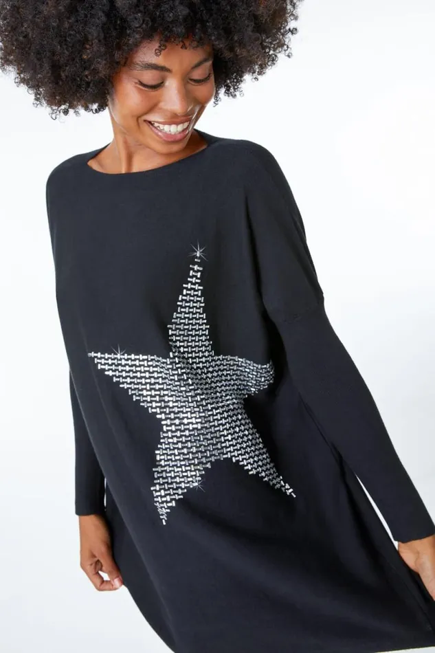 Black Star Embellished Sparkle Jumper Women Roman Knitwear