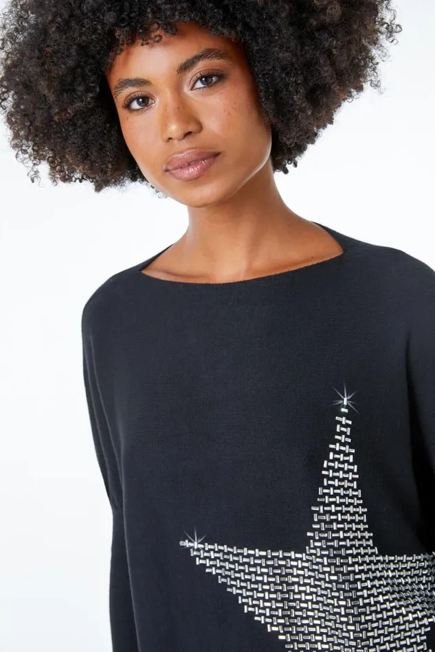 Black Star Embellished Sparkle Jumper Women Roman Knitwear