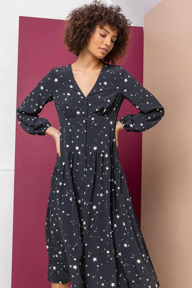 Black Star Print Chiffon Fit and Flare Midi Dress Women Roman Dresses