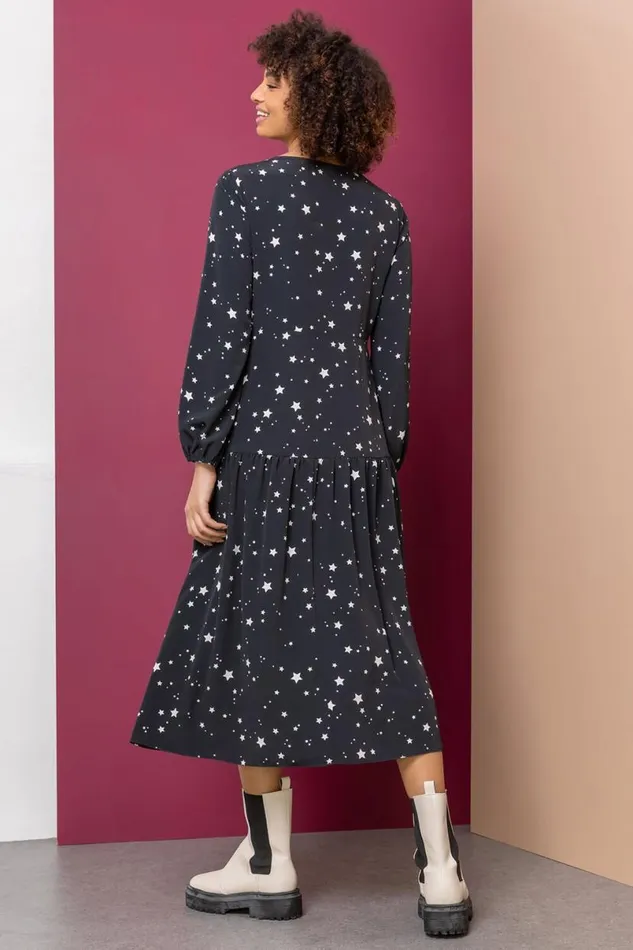 Black Star Print Chiffon Fit and Flare Midi Dress Women Roman Dresses