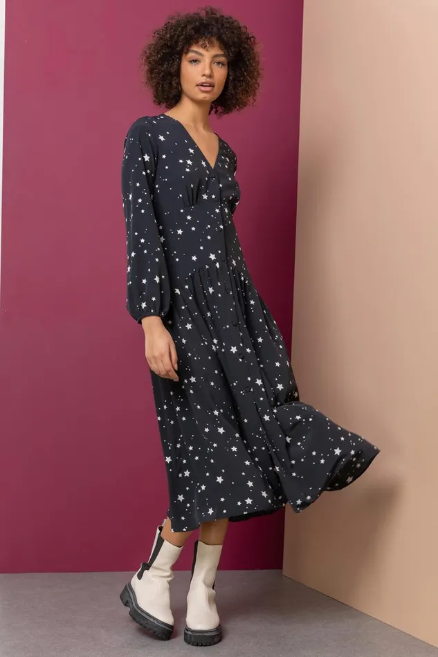 Black Star Print Chiffon Fit and Flare Midi Dress Women Roman Dresses