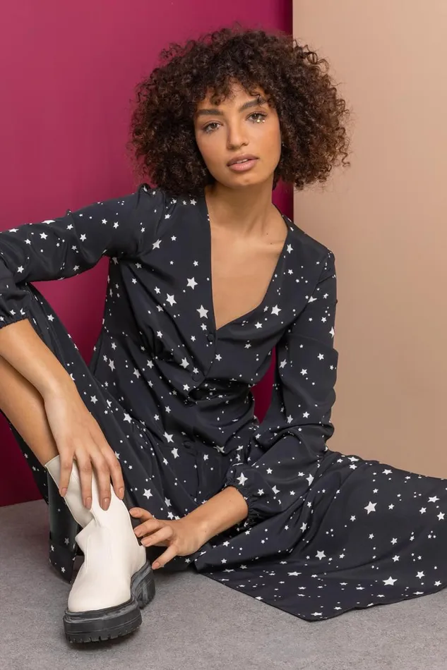 Black Star Print Chiffon Fit and Flare Midi Dress Women Roman Dresses