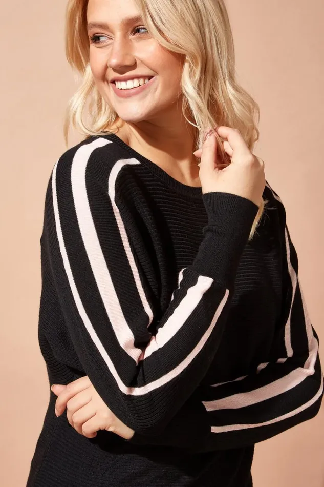 Black Stripe Sleeve Ribbed Top Women Roman Tops