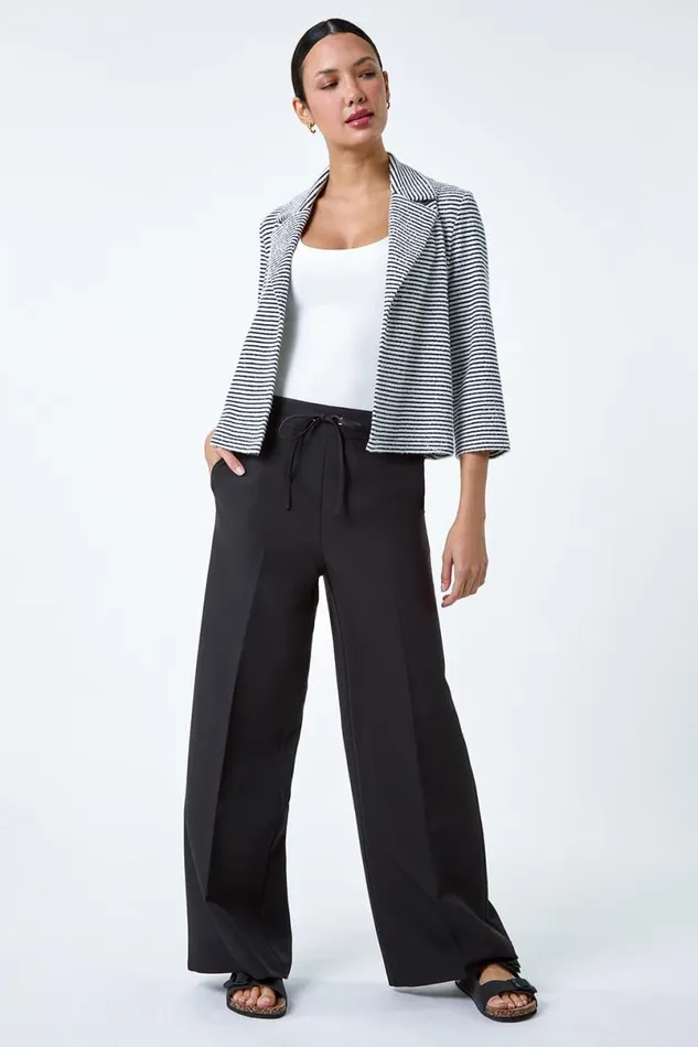 Black Stripe Textured 34 Sleeve Cotton Blend Jacket Women Roman Jackets