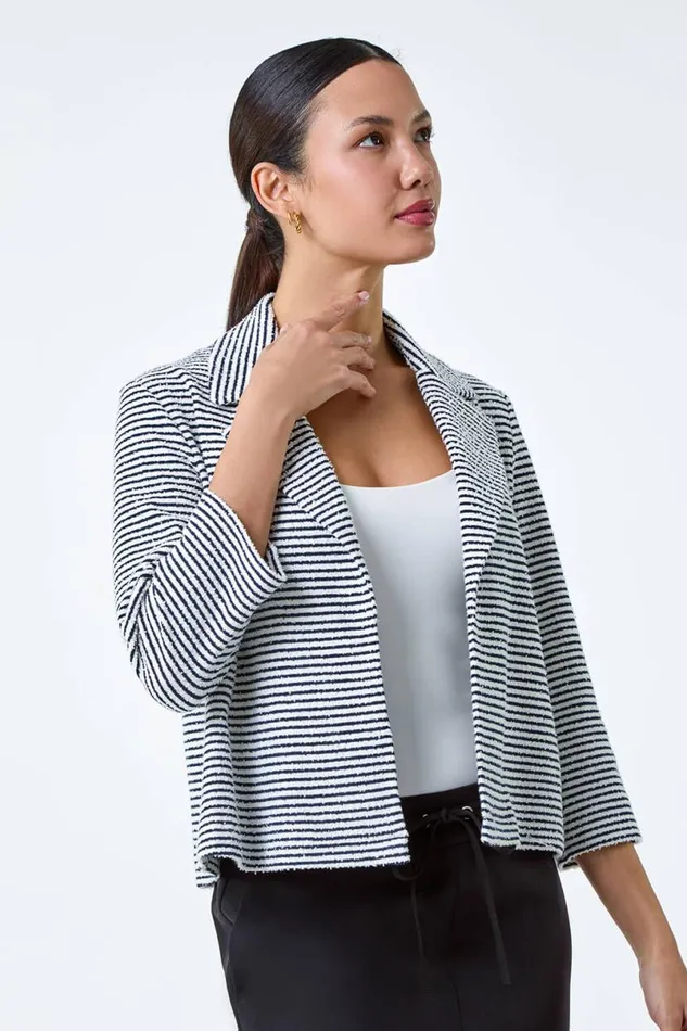 Black Stripe Textured 34 Sleeve Cotton Blend Jacket Women Roman Jackets