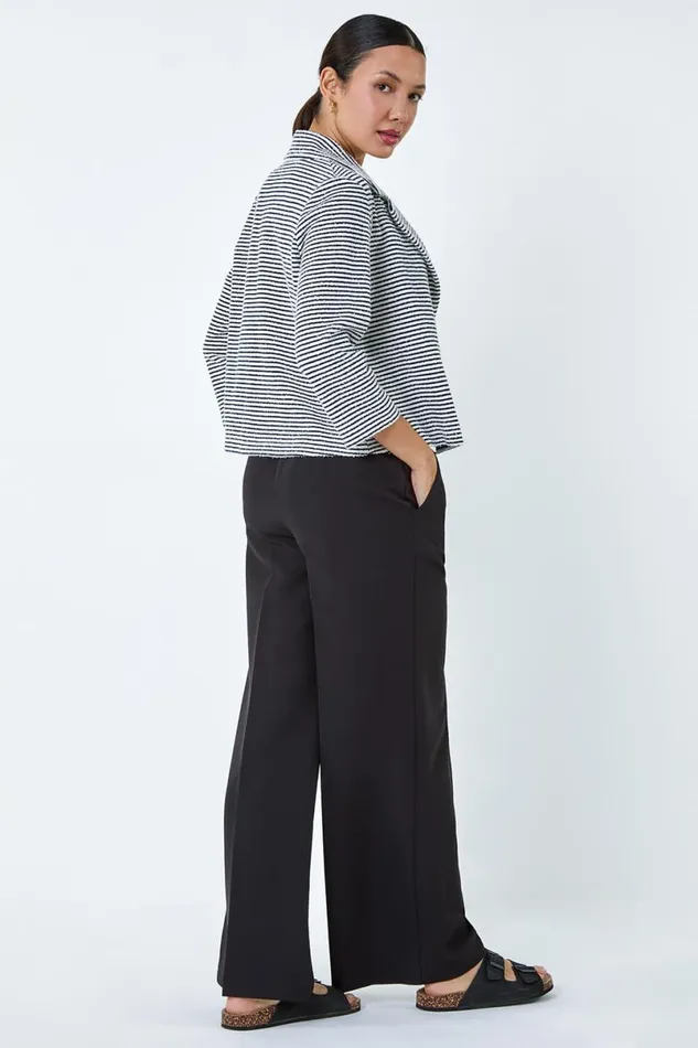 Black Stripe Textured 34 Sleeve Cotton Blend Jacket Women Roman Jackets