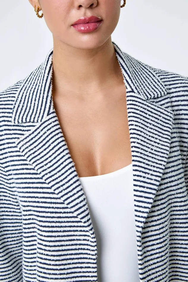 Black Stripe Textured 34 Sleeve Cotton Blend Jacket Women Roman Jackets