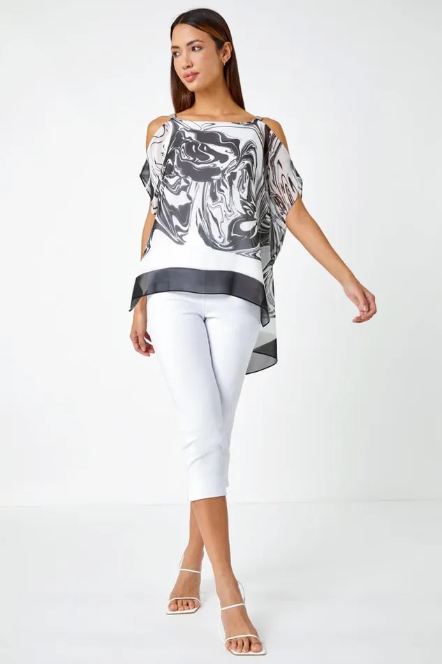 Black Swirl Print Cold Shoulder Overlay Top Women Roman Tops