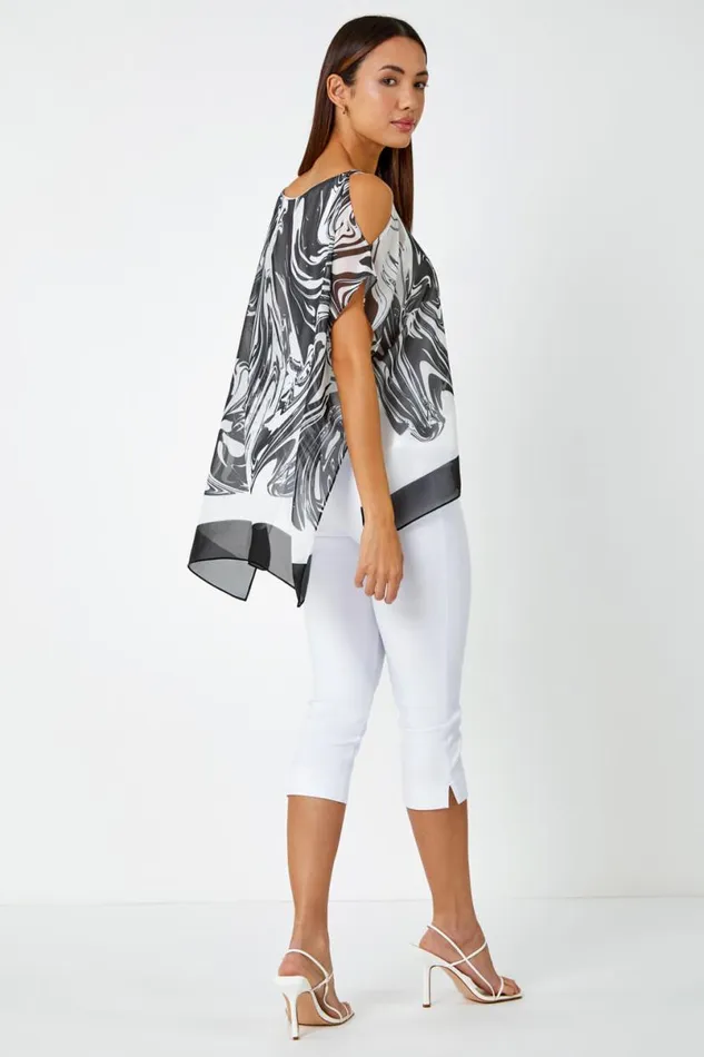 Black Swirl Print Cold Shoulder Overlay Top Women Roman Tops