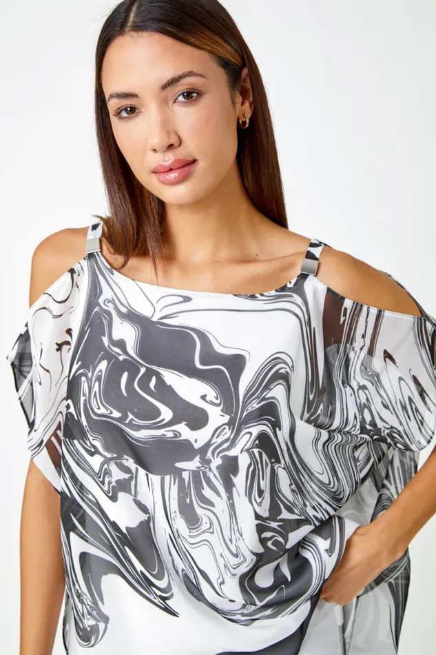 Black Swirl Print Cold Shoulder Overlay Top Women Roman Tops