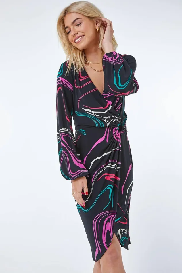 Black Swirl Print Ring Buckle Ruched Wrap Dress Women Roman Dresses