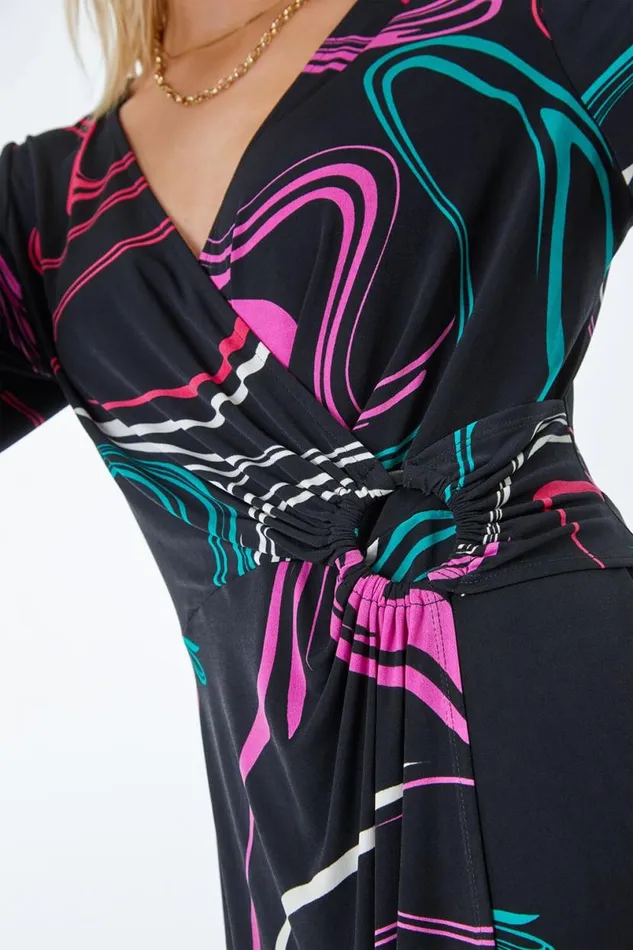 Black Swirl Print Ring Buckle Ruched Wrap Dress Women Roman Dresses