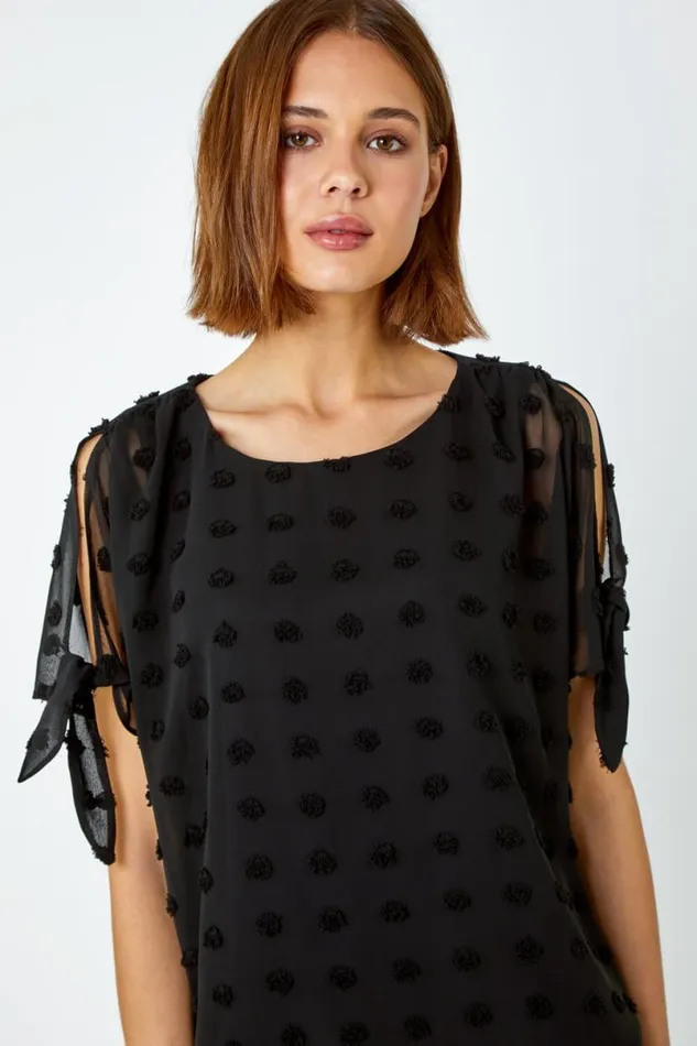 Black Textured Spot Split Sleeve Chiffon Top Women Roman Tops