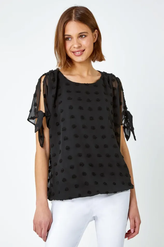 Black Textured Spot Split Sleeve Chiffon Top Women Roman Tops