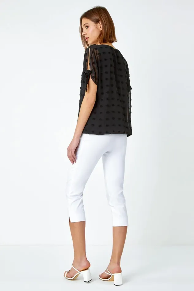 Black Textured Spot Split Sleeve Chiffon Top Women Roman Tops