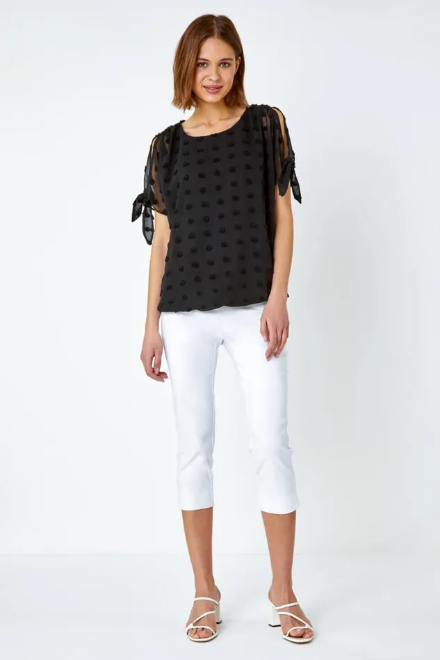 Black Textured Spot Split Sleeve Chiffon Top Women Roman Tops