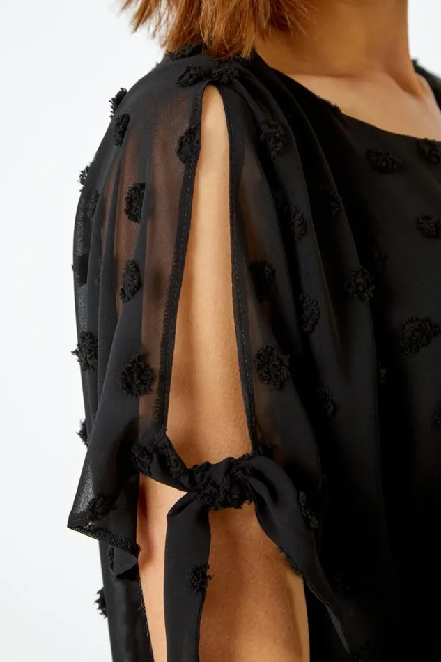 Black Textured Spot Split Sleeve Chiffon Top Women Roman Tops