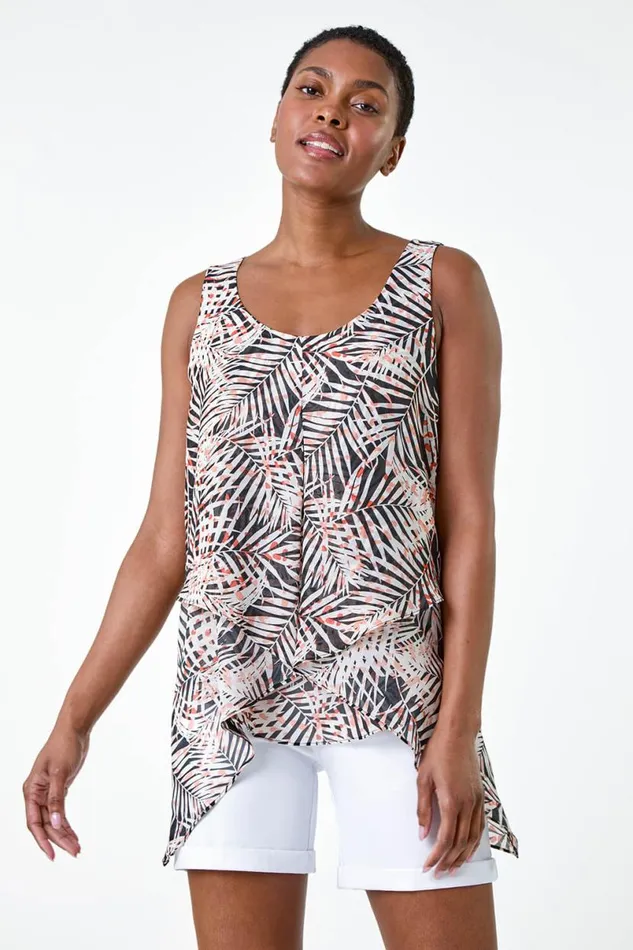 Black Tropical Leaf Asymmetric Vest Top Women Roman Tops