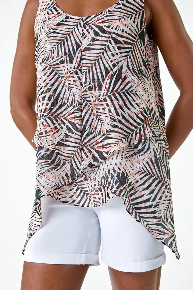 Black Tropical Leaf Asymmetric Vest Top Women Roman Tops