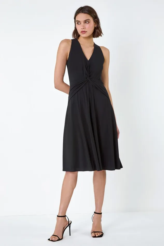 Black Twist Front Stretch Dress Women Roman Occasionwear