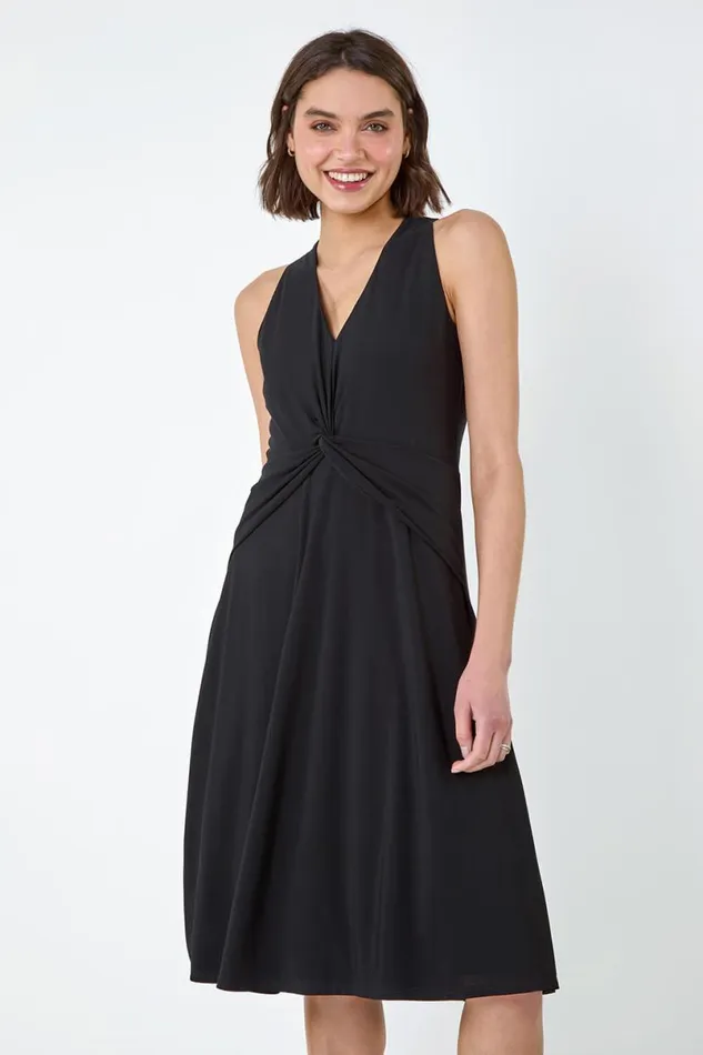 Black Twist Front Stretch Dress Women Roman Occasionwear