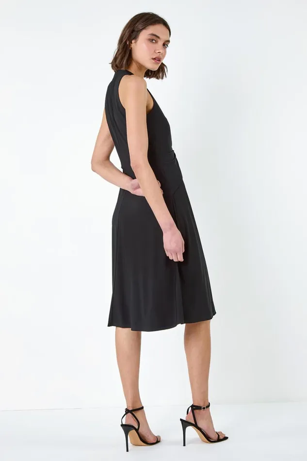 Black Twist Front Stretch Dress Women Roman Occasionwear