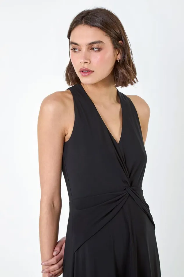 Black Twist Front Stretch Dress Women Roman Occasionwear