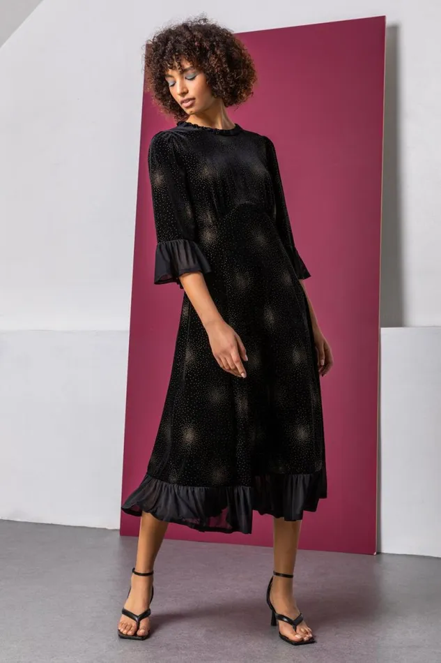 Black Velvet Sparkle Frill Detail Dress Women Roman Dresses