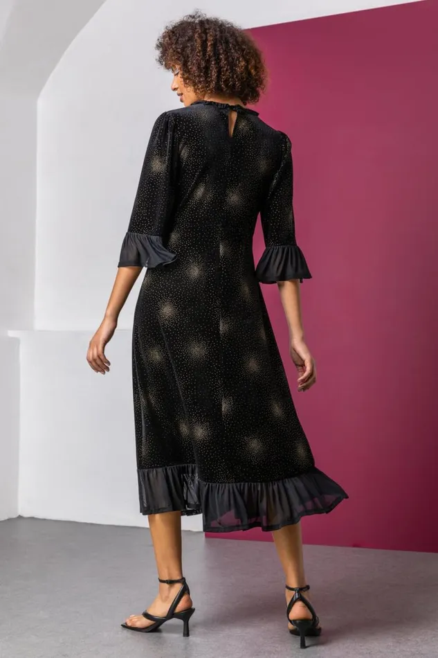 Black Velvet Sparkle Frill Detail Dress Women Roman Dresses