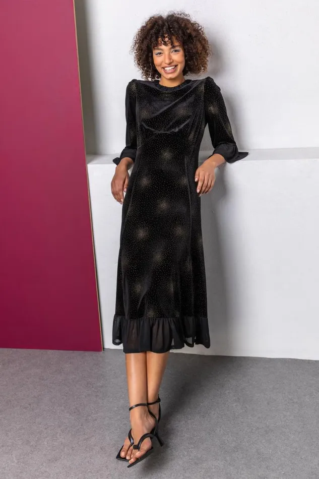 Black Velvet Sparkle Frill Detail Dress Women Roman Dresses