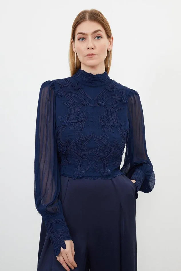 Blouses Women Karen Millen Applique Woven Lace Blouse Navy