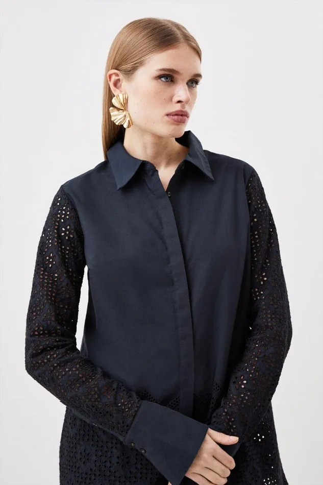 Blouses Women Karen Millen Cotton Broderie Woven Blouse Navy