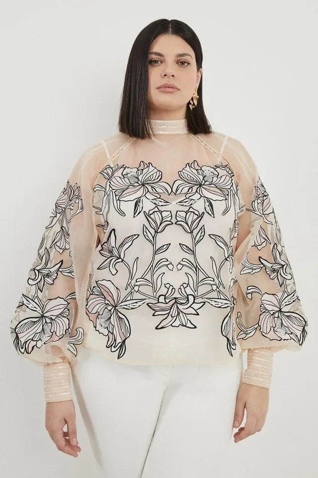 Blouses Women Karen Millen Plus Size Floral Embroidery Organdie Woven Blouse Ivory
