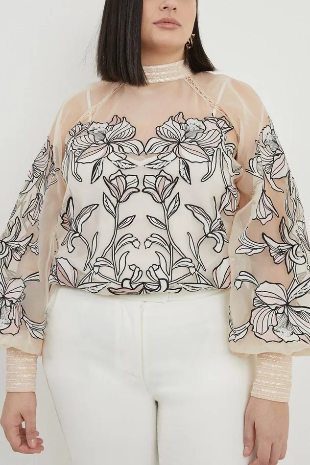 Blouses Women Karen Millen Plus Size Floral Embroidery Organdie Woven Blouse Ivory