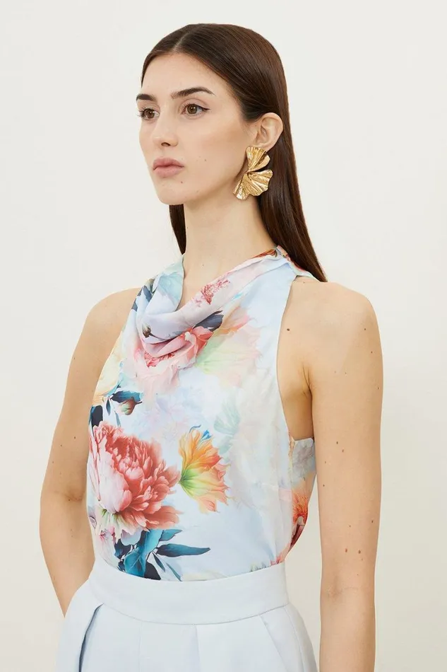Blouses Women Karen Millen Rose Print Georgette Woven Top Blue
