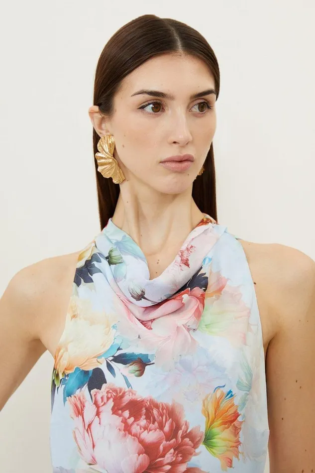 Blouses Women Karen Millen Rose Print Georgette Woven Top Blue