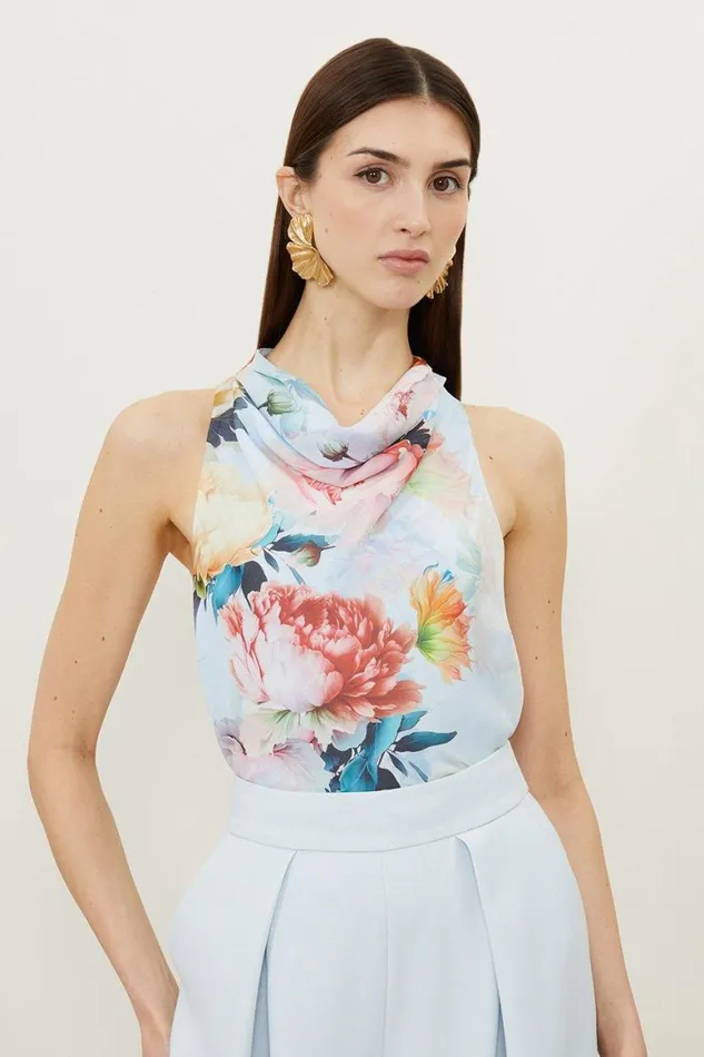 Blouses Women Karen Millen Rose Print Georgette Woven Top Blue