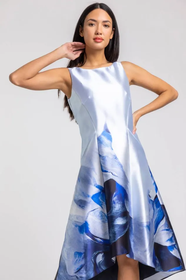 Blue Abstract Dipped Hem Asymmetric Midi Dress Women Roman Dresses