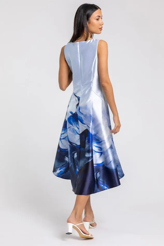 Blue Abstract Dipped Hem Asymmetric Midi Dress Women Roman Dresses
