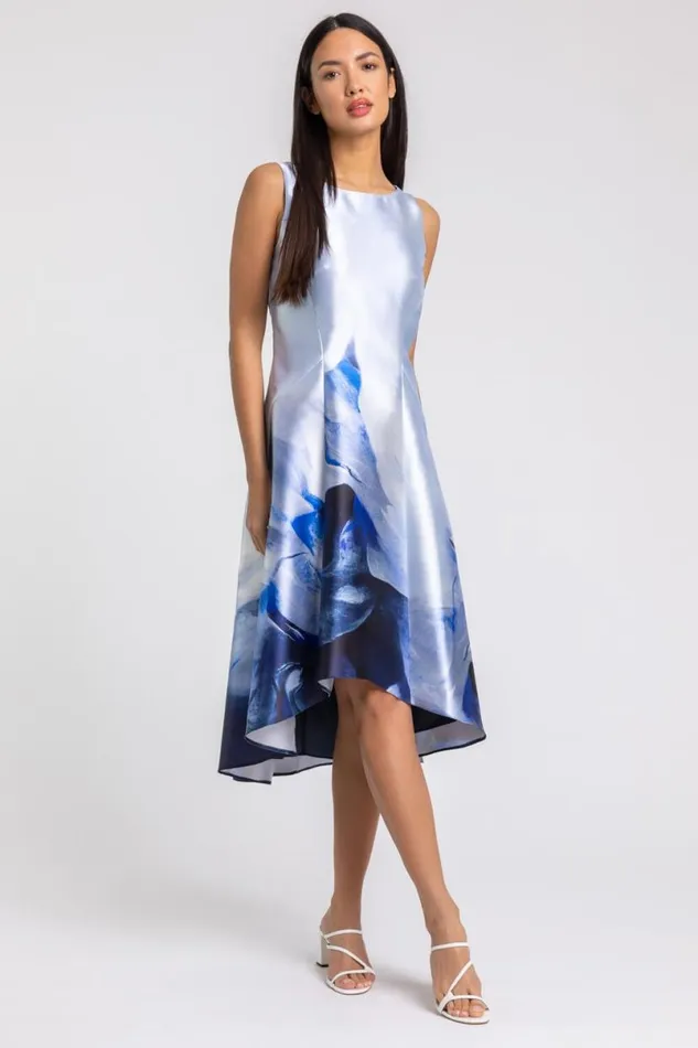 Blue Abstract Dipped Hem Asymmetric Midi Dress Women Roman Dresses